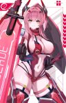  1girl absurdres armor bikini_armor blush breasts cleavage closed_mouth gloves green_eyes hair_intakes hair_ornament headgear highres holding holding_shield holding_sword holding_weapon large_breasts leotard long_hair looking_at_viewer mecha_musume navel original pigu_56100 pink_hair ponytail red_gloves shield sidelocks smile solo stomach sword thighhighs thighs weapon yellow_eyes 