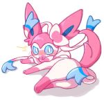 1:1 2025 ambiguous_gender astella1204 blue_eyes blush blush_lines bow_(anatomy) butt covering_butt eeveelution embarrassed feral fur generation_6_pokemon looking_at_viewer lying nintendo on_side open_mouth paws pink_body pink_fur pokemon pokemon_(species) ribbons_(anatomy) signature simple_background solo sylveon tail white_body