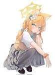  1girl animal_ear_fluff animal_ears blue_archive blue_eyes chiu538 flower grey_skirt hair_flower hair_ornament halo highres looking_at_viewer mari_(blue_archive) mary_janes orange_hair orange_scrunchie school_uniform scrunchie shoes short_hair simple_background skirt smile solo squatting teeth watch white_background white_flower wrist_scrunchie yellow_halo 