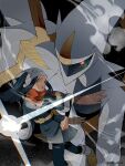  1girl akari_(pokemon) arceus black_background black_hair black_pantyhose blue_jacket blue_skirt commentary full_body glowing headscarf highres jacket one_eye_closed p0ke_a0210 pantyhose pokemon pokemon_(creature) pokemon_legends:_arceus red_eyes simple_background skirt standing white_headscarf 