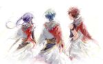  3boys absurdres akatsuki_(ensemble_stars!) armband black_arm_warmers black_armband black_gloves black_hair cowboy_shot ensemble_stars! facing_away floating_clothes floating_hair from_behind fur_collar gloves green_hair hadanugi_dousa hasumi_keito highres idol japanese_clothes kanzaki_souma kimono kiryu_kuro long_hair long_sleeves male_focus motoyui multicolored_hair multiple_boys obi ponytail purple_hair red_hair red_kimono sash scabbard sheath short_hair sidelocks sleeve_rolled_up spiked_hair streaked_hair two-tone_kimono very_long_hair white_background white_kimono whiten_wolf wide_sleeves 