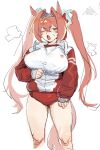  1girl animal_ears breasts breath buruma cropped_legs daiwa_scarlet_(umamusume) fang gym_uniform hair_intakes half-closed_eye horse_ears horse_girl horse_tail jacket large_breasts long_hair long_sleeves looking_at_viewer one_eye_closed open_mouth red_eyes red_jacket shirt simple_background sketch solo standing sweat tail tiara twintails umamusume utsuru4 v-shaped_eyebrows white_background white_shirt 