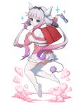  1girl absurdres backpack bag bag_charm beads black_bow black_hairband blue_eyes blunt_bangs blush bow capelet charm_(object) child closed_mouth commentary dead_10001 dragon_girl dragon_horns dress frilled_capelet frills full_body gradient_hair hair_beads hair_bow hair_ornament hairband heart highres holding holding_strap horns kanna_kamui kobayashi-san_chi_no_maidragon long_hair long_sleeves looking_at_viewer looking_back low_twintails microdress multicolored_hair no_shoes outstretched_arm panties pink_dress pink_hair purple_hair randoseru red_bag short_dress sidelocks simple_background solo sparkle tail thighhighs transparent_background twintails underwear white_background white_capelet white_panties white_thighhighs zettai_ryouiki 