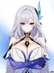  1girl absurdres alternate_breast_size bare_shoulders blue_gloves blush breasts cleavage crossed_arms dress elbow_gloves genshin_impact gloves highres huge_breasts long_hair looking_at_viewer nazara774 pout red_eyes skirk_(genshin_impact) solo 
