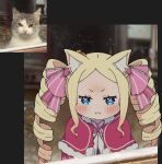  1girl animal_ear_fluff animal_ears beatrice_(re:zero) blonde_hair blue_eyes blush capelet cat cat_ears closed_mouth commentary drill_hair forehead fur_trim highres looking_at_viewer photo_inset pink_capelet pink_ribbon pom_pom_(clothes) pout puffy_cheeks re:zero_kara_hajimeru_isekai_seikatsu ribbon sidelocks solo sunegg1112 symbol-shaped_pupils twin_drills twitter_username upper_body 