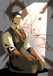  05_soleil 1boy absurdres black_hair black_vest collared_shirt doodle_inset faceless full_body gauntlets hair_slicked_back hands_on_legs highres id_card lcb_uniform_(project_moon) limbus_company male_focus meursault_(project_moon) necktie out_of_frame pointing project_moon red_necktie seiza shadow shirt sitting solo spotlight too_many_eyes vest white_background white_shirt 