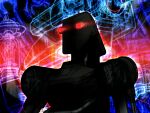  combot_(tekken) dark game_cg glowing glowing_eyes joints kawano_takuji mechanical_arms official_art red_eyes robot robot_joints shade shadow solo tekken tekken_4 