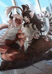 anthro big_breasts black_hair bottomwear breast_squish breasts breasts_frottage clothing dragon duo felid female female/female genitals gesture hair heart_gesture horn kammi-lu leggings legwear long_hair looking_at_viewer mammal mythological_creature mythological_scalie mythology pantherine pantyhose scalie shirt side_boob skirt squish tail tail_tuft tiger topwear torn_clothing torn_leggings torn_legwear translucent translucent_clothing tuft unbuttoned_shirt vulva white_hair