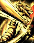  1boy armor aura cape cbotakuarts excalibur_(sonic) excalibur_sonic forehead_jewel from_below gem glowing glowing_sword glowing_weapon gold_armor hedgehog_boy holding holding_sword holding_weapon red_cape solo sonic_(series) sonic_and_the_black_knight sonic_the_hedgehog squatting sword weapon 