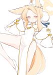 1girl absurdres alternate_costume alternate_hairstyle animal_ears bare_legs blonde_hair blue_archive breasts bright_pupils bun_cover china_dress chinese_clothes closed_mouth commentary covered_navel detached_sleeves dot_mouth dress flower forehead fox_ears fox_girl gradient_eyes hair_bun hair_flower hair_ornament halo highres light_blush looking_at_viewer multicolored_eyes no_panties orange_eyes parted_bangs seia_(blue_archive) simple_background sketch sleeves_past_fingers sleeves_past_wrists small_breasts solo sonn_er standing standing_on_one_leg symbol-only_commentary tail white_background white_pupils wide_sleeves yellow_eyes 