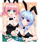  2girls animal_ears black_bow black_bowtie blue_hair bow bowtie breasts card casino christine_ketoura cleavage coin green_eyes highres iris_mysteria! large_breasts looking_at_viewer multiple_girls olivie_cromwright pink_hair playboy_bunny playing_card purple_eyes rabbit_ears short_twintails sktv7753 twintails 