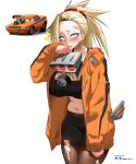  1girl absurdres artist_logo artist_name bandaid bandaid_on_face bandaid_on_forehead black_shorts black_sports_bra blonde_hair blush bra cars_(movie) constricted_pupils crying crying_with_eyes_open exhaust_pipe eyeshadow face_piercing fang genderswap genderswap_(mtf) green_eyes high_ponytail highres jacket logo long_hair looking_at_viewer makeup nisp_art orange_jacket original pantyhose personification photo_inset piercing plump ponytail purple_eyeshadow reference_inset short_shorts shorts simple_background sleeves_past_wrists snot solo sports_bra striped_bra striped_clothes striped_jacket striped_shorts tears torn_clothes torn_pantyhose underwear vertical-striped_clothes vertical-striped_jacket white_background zipper zipper_pull_tab 