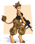 2024 3_fingers 4:5 anthro barefoot bottomwear breasts camo camo_bottomwear camo_clothing camo_pants camo_print clothing digital_media_(artwork) digitigrade ear_piercing ear_ring feet female fingers giraffe giraffid gun hi_res holding_gun holding_machine_gun holding_object holding_ranged_weapon holding_weapon horn looking_back mammal military_hat pants pattern_bottomwear pattern_clothing pattern_pants piercing ranged_weapon ring_piercing shirt side_view simple_background solo standing sutagaki tail tank_top tongue tongue_out topwear weapon