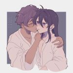  2boys ahoge alternate_costume androgynous arm_around_shoulder blush border closed_eyes collarbone cropped_torso dark-skinned_male dark_skin double-parted_bangs ensemble_stars! grey_background hair_between_eyes hair_down hair_intakes hand_on_another&#039;s_shoulder highres imminent_kiss japanese_clothes kanzaki_souma kimono long_hair long_sleeves male_focus multiple_boys open_mouth otogari_adonis outside_border parted_lips pectoral_cleavage pectorals plunging_neckline purple_eyes purple_hair raised_eyebrows short_hair sidelocks surprised white_border white_kimono whiten_wolf wide_sleeves yukata 