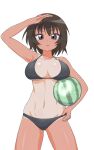  1girl abs arm_up ass_visible_through_thighs azumanga_daioh bikini black_bikini breasts brown_eyes brown_hair collarbone commentary cowboy_shot expressionless food fruit groin hand_on_own_hip highres holding holding_food holding_fruit holding_watermelon kagura_(azumanga_daioh) large_breasts looking_at_viewer mansya midriff navel parted_lips shading_face short_hair simple_background solo standing straight-on swimsuit tan tanlines toned toned_female underboob watermelon white_background 