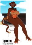 2025 anthro areola areola_slip arm_wraps artist_name banana big_breasts black_clothing black_thong black_underwear breasts brown_areola brown_body brown_fur chest_wraps clothing dipstick_tail espectro111222 eyebrows eyelashes female food frown fruit fur furniture half-closed_eyes haplorhine hi_res holding_banana looking_at_viewer mammal markings monkey multicolored_body multicolored_fur narrowed_eyes navel plant primate sitting solo stool tail tail_markings tan_body tan_fur text thick_thighs thong twitter_handle two_tone_body two_tone_fur underwear wraps
