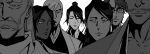  2girls 5boys aizen_sousuke bleach character_request closed_mouth commentary dark-skinned_female dark_skin expressionless facial_hair greyscale highres japanese_clothes kimono kuchiki_soujun kyouraku_shunsui looking_to_the_side monochrome multiple_boys multiple_girls mustache ponytail shihouin_yoruichi swept_bangs teatimebanter unohana_retsu upper_body 