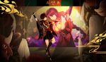  1boy 1girl absurdres arm_up armor black_kimono black_leggings black_sandals black_shorts black_shrug black_sleeves blunt_bangs blunt_ends breasts chinese_commentary chinese_knot cleavage closed_eyes closed_mouth commentary_request electro_symbol_(genshin_impact) eyeliner eyeshadow faceless faceless_female facing_another fox_mask fuujin_(mythology) genshin_impact gold gold_trim highres japanese_armor japanese_clothes japanese_mythology jewelry juban kimono kimono_skirt kote kurokote large_breasts layered_sleeves leggings long_hair low-braided_long_hair low-tied_long_hair makeup mandarin_collar mask mechanical_arms mitsudomoe_(shape) momogourami mother_and_son neck_ring o-ring obi oni_mask open_clothes open_hand open_kimono outstretched_arm puppet_strings purple_hair purple_rope purple_sash purple_sleeves raiden_shogun red_eyeliner red_eyeshadow red_kimono red_sash rope sandals sash scaramouche_(genshin_impact) shimenawa short_sleeves shorts shrug_(clothing) single_sidelock single_sode stirrup_legwear string swept_bangs tassel toeless_legwear tomoe_(symbol) vision_(genshin_impact) wheel white_kimono white_rope wide_sleeves wispy_bangs zouri 