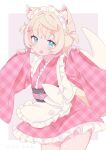  1girl absurdres alternate_costume animal_ear_fluff animal_ears apron blonde_hair blue_eyes blush bow commentary_request cowboy_shot dog_ears dog_girl dog_tail double-parted_bangs fang frilled_apron frilled_kimono frills furisode_sleeves hair_intakes hair_ornament highres hinata_hirune hololive hololive_english japanese_clothes kimono kimono_skirt looking_at_viewer maid mococo_abyssgard multicolored_hair open_mouth pinching_sleeves pink_hair plaid_clothes plaid_kimono short_hair short_kimono signature skin_fang solo streaked_hair tail two_side_up virtual_youtuber w_arms wa_maid waist_apron waist_bow white_apron wide_sleeves x_hair_ornament 