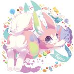 1:1 anthro ass_up blue_eyes candy cinamoncune dessert female food fur hi_res japanese_text lagomorph leporid looking_at_viewer lying mammal on_front pink_body pink_fur rabbit razu_(sherbert_shenanigans) ribbons sherbert_shenanigans smile solo sweets text