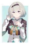  1girl absurdres brown_hairband brown_jacket closed_mouth collar collared_dress cropped_jacket dress firefly_(honkai:_star_rail) frilled_collar frilled_sleeves frills gradient_hair green_pupils grey_hair hair_between_eyes hairband highres honkai:_star_rail honkai_(series) jacket long_sleeves multicolored_eyes multicolored_hair neckerchief orange_neckerchief pyarthra short_hair smile solo two-tone_eyes white_dress white_sleeves 