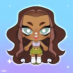  1girl absurdly_long_hair aisha_(winx_club) aqua_eyes bare_arms bare_shoulders blue_background bright_pupils brown_hair buttons chibi commentary crop_top dark-skinned_female dark_skin eyelashes eyes_visible_through_hair forehead gradient_background green_shoes green_skirt hair_tubes happy hashtag-only_commentary highres leg_warmers light_blush long_hair looking_at_viewer midriff miniskirt multicolored_hair open_mouth outline pink_tank_top pocket purple_background shoes signature skirt smile solo sparkle spiral_print standing straight-on streaked_hair tank_top teeth thick_eyebrows upper_teeth_only very_long_hair white_leg_warmers white_outline white_pupils wikate winx_club 