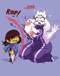 absurd_res ambiguous_gender anthro areola assisted_exposure big_breasts blue_background blush blush_lines bodily_fluids boss_monster_(undertale) bovid breasts brown_hair caprine clothed clothing damage_numbers dress duo embarrassed exposed_breasts eyelashes female floppy_ears frisk_(undertale) fur goat hair hi_res holding_knife holding_object horn human kneeling knife lilievilla lop_ears mammal nipples onomatopoeia open_mouth pink_areola pink_nipples purple_clothing purple_dress red_eyes simple_background smile sound_effects sweat sweatdrop text thick_thighs toriel torn_clothing torn_dress undertale undertale_(series) white_body white_fur white_horn wide_eyed wide_hips