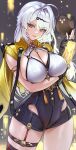  1girl arm_under_breasts armlet black_gloves black_shorts black_thighhighs breasts cleavage_cutout closed_mouth clothing_cutout commentary_request fingerless_gloves gloves hair_ornament hand_up highres jacket jewelry large_breasts long_hair mole mole_on_breast shorts skindentation smile solo thigh_strap thighhighs toyoman white_hair yellow_eyes yellow_jacket yixuan_(zenless_zone_zero) zenless_zone_zero 