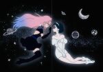  2girls alien_stage back_cutout black_boots black_dress black_gloves black_hair blue_hair bob_cut boots clothing_cutout commentary crescent_moon dress earrings elbow_gloves english_commentary gloves gradient_hair hairband jewelry juliet_sleeves long_hair long_sleeves mizi_(alien_stage) moon multicolored_hair multiple_girls oracc_liu pink_hair planet planetary_ring puffy_sleeves purple_eyes short_hair sitting space star_(sky) sua_(alien_stage) thigh_boots two-tone_hair very_long_hair white_boots white_dress white_gloves white_hairband yellow_eyes 