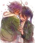  2boys :d absurdres ahoge blush casual coat cowboy_shot dark-skinned_male dark_skin ensemble_stars! flower_symbol flying_sweatdrops green_coat green_jacket hair_between_eyes hair_intakes hand_on_another&#039;s_arm happy heads_together heart height_difference high_collar highres hood hoodie jacket jacket_over_hoodie kanzaki_souma laughing light_particles long_hair long_sleeves male_focus motoyui multiple_boys open_mouth otogari_adonis outline ponytail puff_of_air purple_hair raised_eyebrow raised_eyebrows shirt short_hair sidelocks simple_background smile star_(symbol) v-shaped_eyebrows white_background white_hoodie white_outline white_shirt whiten_wolf winter_clothes yaoi 