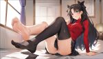  1girl barefoot black_hair black_skirt black_thighhighs blue_eyes blush breasts dysoor fate/stay_night fate_(series) full_body hair_ribbon highres indoors looking_at_viewer medium_breasts no_shoes otakueden1995 panties pantyshot red_sweater ribbon single_thighhigh sitting skirt solo sweater thighhighs thighs toes tohsaka_rin turtleneck turtleneck_sweater two_side_up underwear white_panties window 