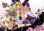  2000s_(style) 2005 :d alchemist_(ragnarok_online) animal_ears assassin_(ragnarok_online) bandages_over_clothes black_choker blonde_hair blue_eyes blue_sleeves blush boots breasts brown_boots brown_cape cape cat_ears cat_girl choker cleavage closed_mouth comiket_69 commentary_request cover cover_page detached_sleeves doujin_cover dress fingerless_gloves full_body fur_collar fur_trim gloves green_eyes leotard long_hair looking_at_viewer medium_breasts open_mouth orange_eyes outstretched_arms purple_dress purple_gloves purple_leotard purple_thighhighs ragnarok_online rogue_(ragnarok_online) short_hair small_breasts smile spread_arms tachibana_sakuya_(matsurika) thighhighs translation_request 