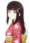  1girl aqua_eyes arms_at_sides artist_name back_bow black_hair blunt_bangs blush bow closed_mouth commentary floral_print flower_symbol from_side hair_ornament hairclip highres japanese_clothes kimono kurosawa_dia long_hair long_sleeves looking_at_viewer looking_to_the_side love_live! love_live!_sunshine!! mole mole_under_mouth obi obijime print_kimono red_kimono sash sidelocks simple_background smile solo unsfrau upper_body white_background yellow_bow 