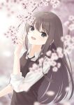 1girl :d absurdres black_necktie blurry blush brown_dress brown_hair cherry_blossoms collared_shirt day depth_of_field dress eyes_visible_through_hair falling_petals flower green_eyes hair_between_eyes hand_up happy hashtag-only_commentary highres kimuratamashi long_hair looking_at_viewer natsume_ai necktie open_mouth outdoors petals pink_flower sakura_no_toki sakura_no_uta shirt sleeveless sleeveless_dress smile solo spring_(season) teeth upper_body upper_teeth_only very_long_hair white_shirt 