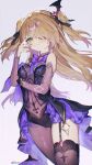  1girl artist_name asymmetrical_legwear black_leotard black_nails black_ribbon blonde_hair bow bowtie breasts bridal_gauntlets commentary_request detached_collar eyepatch fischl_(genshin_impact) funa_(sakana) garter_straps genshin_impact green_eyes hair_over_one_eye hair_ribbon highres leotard long_hair looking_at_viewer medium_breasts nail_polish pantyhose parted_lips purple_bow purple_bowtie purple_bridal_gauntlets purple_pantyhose ribbon simple_background single_garter_strap single_leg_pantyhose single_thighhigh solo tailcoat thighhighs two-sided_tailcoat two_side_up white_background 