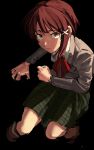  1girl black_background closed_mouth collared_shirt green_skirt grey_jacket hair_ornament highres iwakura_lain jacket kendy_(revolocities) open_mouth pleated_skirt red_ribbon ribbon serial_experiments_lain shirt short_hair simple_background skirt solo white_shirt x_hair_ornament 
