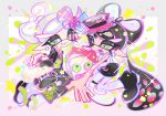  2girls absurdly_long_hair black_dress black_hair black_haori black_shoes border bow-shaped_hair breasts callie_(alterna)_(splatoon) callie_(splatoon) cat cross-shaped_pupils dress earrings full_body geta grey_border grey_hair grey_kimono grey_pupils haori highres inkling japanese_clothes jewelry judd_(splatoon) kimono long_hair long_pointy_ears looking_at_viewer marie_(kimono)_(splatoon) marie_(splatoon) mole mole_under_eye multiple_girls obi obiage obijime octarian_(enemy) octotrooper official_alternate_costume one_eye_closed open_mouth orange_eyes pantyhose pointy_ears print_kimono sample_watermark sash seigaiha shoes short_hair small_breasts smile splatoon_(series) splatoon_2 splatoon_3 strapless strapless_dress swept_bangs symbol-shaped_pupils tabi tentacle_hair twintails very_long_hair watermark white_background white_pantyhose xiaoyunatie 