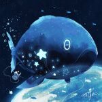  1other absurdres animal_focus artist_name astronaut backpack bag closed_mouth fish fish_request flying_fish gloves helmet highres kazunoko_(kazunoko_zunoco) original planet radio_antenna see-through_body signature space space_helmet spacesuit star_(sky) star_(symbol) tether white_gloves 