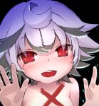  1girl against_glass black_background blush commentary_request crying crying_with_eyes_open empty_eyes eyebrows_visible_through_hair grey_hair hands_up hitosoroi looking_at_viewer made_in_abyss multicolored_hair no_pupils nude open_mouth out-of-frame_censoring prushka red_eyes short_hair smile solo streaked_hair streaming_tears tears teeth tsurime upper_body upper_teeth white_hair x 