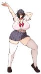  1girl arm_behind_head arm_up black_hair blush bow bra breasts brown_shoes collarbone collared_shirt full_body glasses hair_over_one_eye highres korotsuke large_breasts legs loafers looking_at_viewer nekura_anko nose_blush oddloop original pink_bra red_bow red_eyes shirt shoes short_hair simple_background skirt smile standing sweat thighhighs thighs underwear white_background white_shirt white_thighhighs 