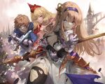  1boy 2girls armor armored_dress athena_(granblue_fantasy) bangs black_gloves black_legwear blonde_hair blood blood_from_mouth blood_on_face blue_eyes blue_hoodie breasts brown_eyes brown_hair building cleavage dress earrings enyo_(granblue_fantasy) gauntlets gloves gran_(granblue_fantasy) granblue_fantasy hair_between_eyes hairband helmet highres holding holding_polearm holding_shield holding_sword holding_weapon hood hoodie injury jewelry large_breasts long_hair multiple_girls nos open_mouth parted_lips polearm purple_hairband red_armor red_headwear shield short_hair sword torn_clothes torn_dress torn_gloves torn_legwear weapon white_armor 
