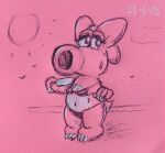 4_fingers anthro beach belly bikini birdo birdo_(character) bow_(feature) breasts claws clothing dated dessert dripping female fingers food ice_cream localmare looking_away mario_bros nintendo pen_(artwork) pink_body seaside simple_background slightly_chubby small_breasts solo sun swimwear tail toe_claws traditional_media_(artwork) two-piece_swimsuit