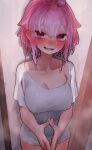  1girl absurdres blush breasts commentary commission cowboy_shot ekrea_jan highres large_breasts looking_at_viewer nose_blush open_mouth original pink_eyes pink_hair shirt skeb_commission slime_hair solo steepled_fingers white_shirt 