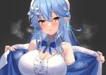  1girl akazawa_kureha blue_hair blue_ribbon blush breasts camisole coat commentary exposed_shoulders flower hair_flower hair_ornament hololive large_breasts looking_at_viewer open_mouth pointy_ears ribbon undressing virtual_youtuber yellow_eyes yukihana_lamy 