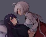  2girls ahoge black_sweater blush grey_background grey_hair groin hand_under_clothes hand_under_shirt high-waist_skirt kaiyamon_xv kazanari_tsubasa long_hair multiple_girls navel pillow purple_eyes purple_hair senki_zesshou_symphogear shirt skirt straddling sweater trembling turtleneck twintails yukine_chris yuri 