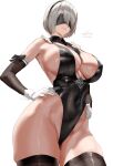  1girl 2b_(nier:automata) absurdres black_blindfold black_gloves black_leotard black_necktie black_thighhighs blindfold breasts commentary elbow_gloves eve_(stellar_blade) facing_viewer gloves grey_hair hands_on_own_hips highleg highleg_leotard highres huge_breasts igiroitsu leotard necktie nier:automata nier_(series) short_hair sideboob smile solo stellar_blade thighhighs thighs twitter_username white_background white_gloves yorha_unofficial_ceremonial_attire_(stellar_blade) 