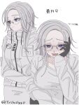  1girl aotsuki_eito black_gloves blush breasts character_name closed_mouth eyelashes genderswap genderswap_(mtf) glasses gloves grey_hair hand_on_own_cheek hand_on_own_face highres jacket large_breasts long_hair long_sleeves multiple_views nose_blush open_mouth pale_skin purple_eyes saliva shirt simple_background sweat the_hundred_line_-last_defense_academy- tsumugg0 twitter_username venus_symbol white_background white_jacket white_shirt 