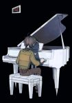  1other antenna_hair black_background black_shirt brown_hair brown_pants brown_shoes chromatic_aberration collared_shirt commentary deltarune drop_shadow english_commentary from_behind full_body grand_piano green_sweater heart highres instrument kris_(deltarune) long_sleeves music other_focus pale_skin pants piano piano_bench playing_instrument playing_piano shirt shoes short_hair simple_background sitting solo soul_(deltarune) striped_clothes striped_sweater sweater takenaka_(takenaka1111) 