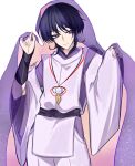  1boy absurdres armor bishounen black_bow black_sash blunt_ends bow bright_pupils clothing_cutout cowboy_shot eyeliner eyeshadow feathers fingernails genshin_impact hands_up highres hip_vent japanese_armor japanese_clothes kariginu kimono kote kurokote layered_sleeves looking_to_the_side makeup male_focus nicbuns parted_lips pelvic_curtain pom_pom_(clothes) purple_eyes purple_hair purple_kimono purple_sleeves purple_veil red_eyeliner red_eyeshadow sash scaramouche_(genshin_impact) scaramouche_(kabukimono)_(genshin_impact) see-through_clothes see-through_veil shoulder_cutout side_cutout sleeves_past_wrists solo string tsurime veil white_background white_mouth white_pupils white_sleeves wide_sleeves wispy_bangs yellow_feathers 
