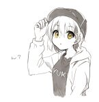  1girl bangs baseball_cap casual hair_between_eyes hat highres hood hoodie long_sleeves looking_at_viewer monochrome nagato_yuki nanabuluku shirt short_hair solo spot_color suzumiya_haruhi_no_yuuutsu upper_body yellow_eyes 